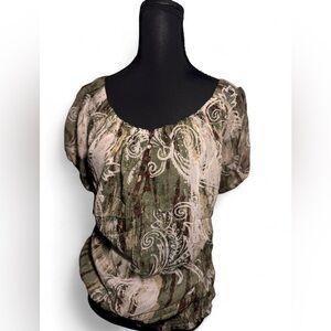 Cato Fairy Olive and Cream Patterned Blouse